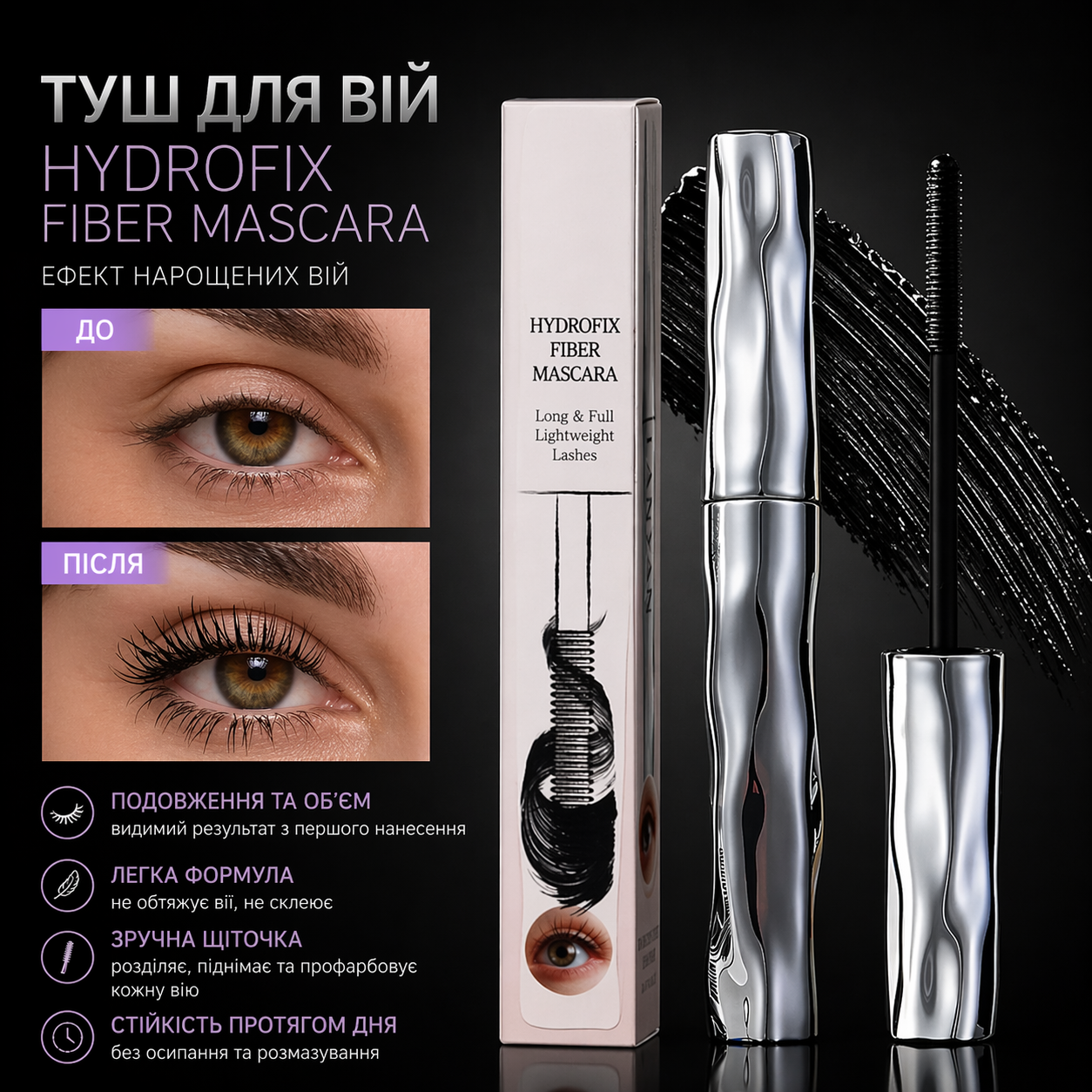HydroFix Fiber Mascara — подовжуюча туш з ефектом нарощених вій