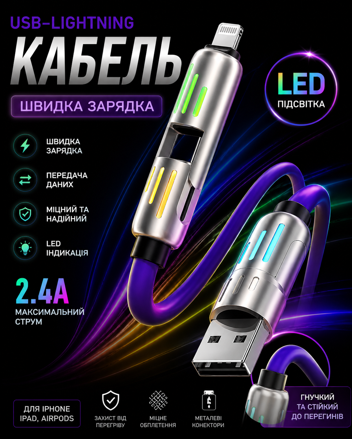 Швидкісний кабель USB–Lightning з LED-індикацією — міцний та гнучкий