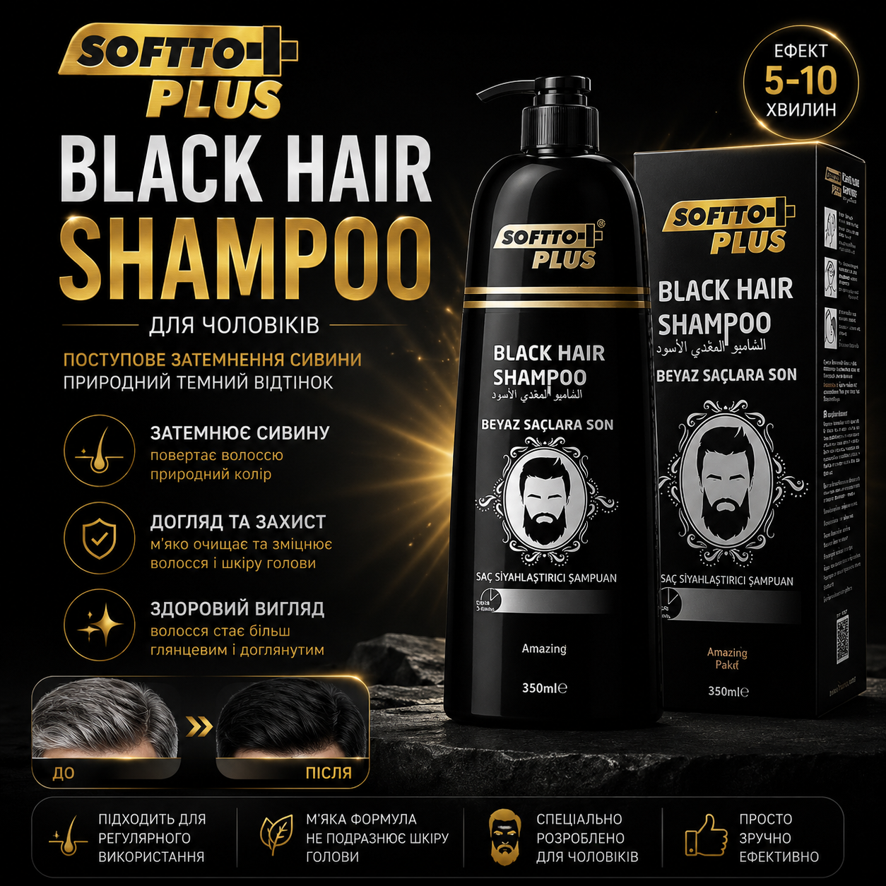 Шампунь для затемнення сивини Softto Plus Black Hair Shampoo