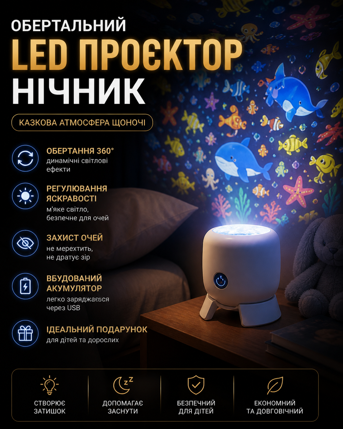 Обертальний LED проєктор нічник для дитячої кімнати