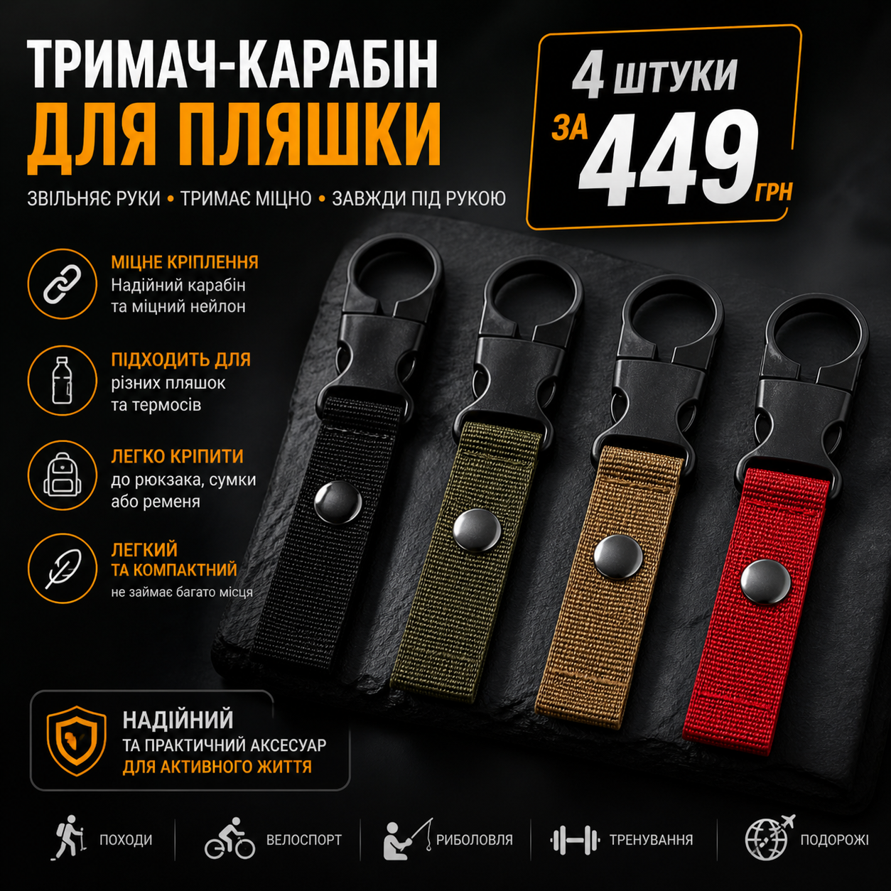Нейлоновий тримач-карабін для пляшки 4 штуки