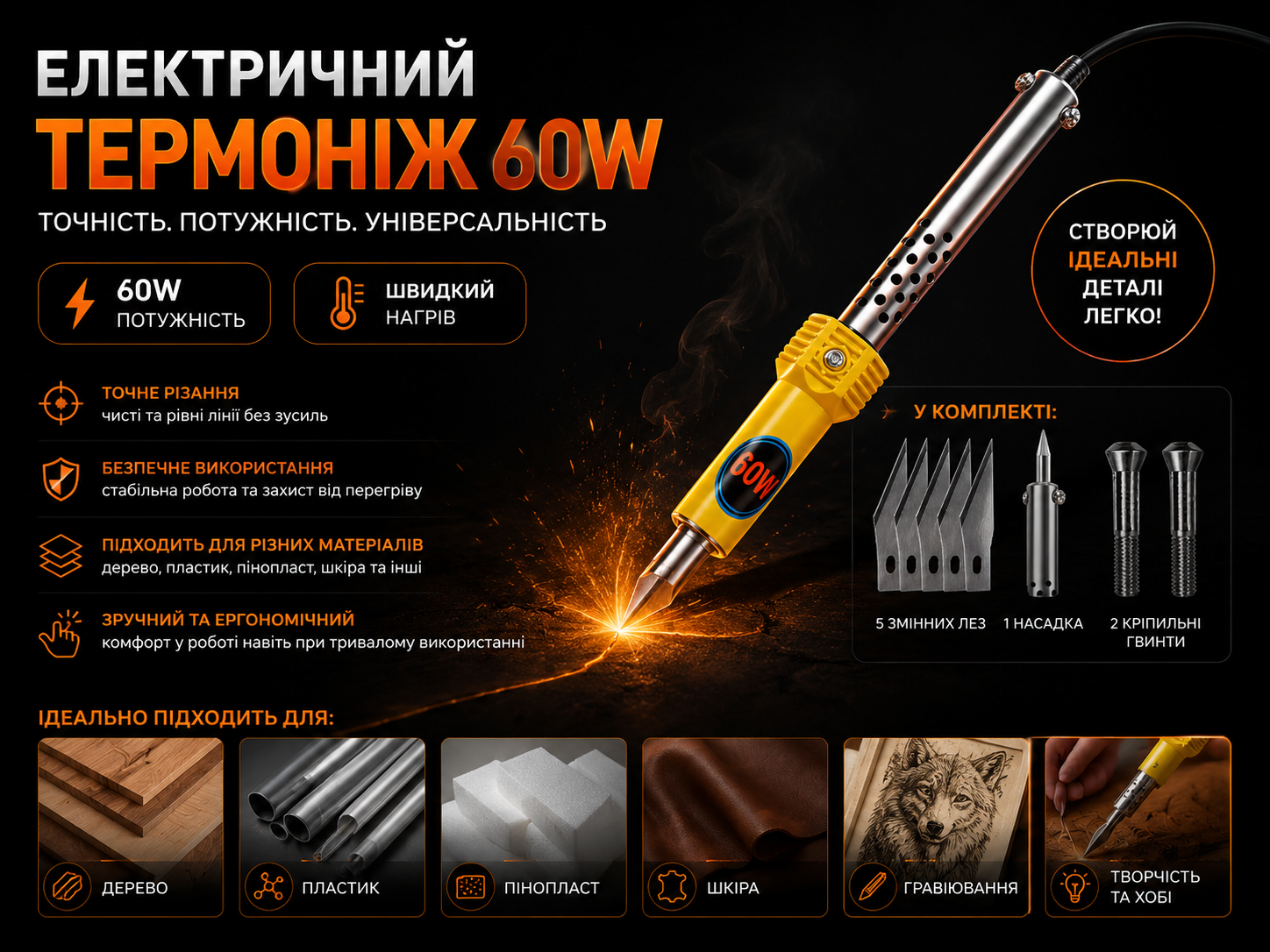 Набір електричного термоножа 60W зі змінними лезами та насадками
