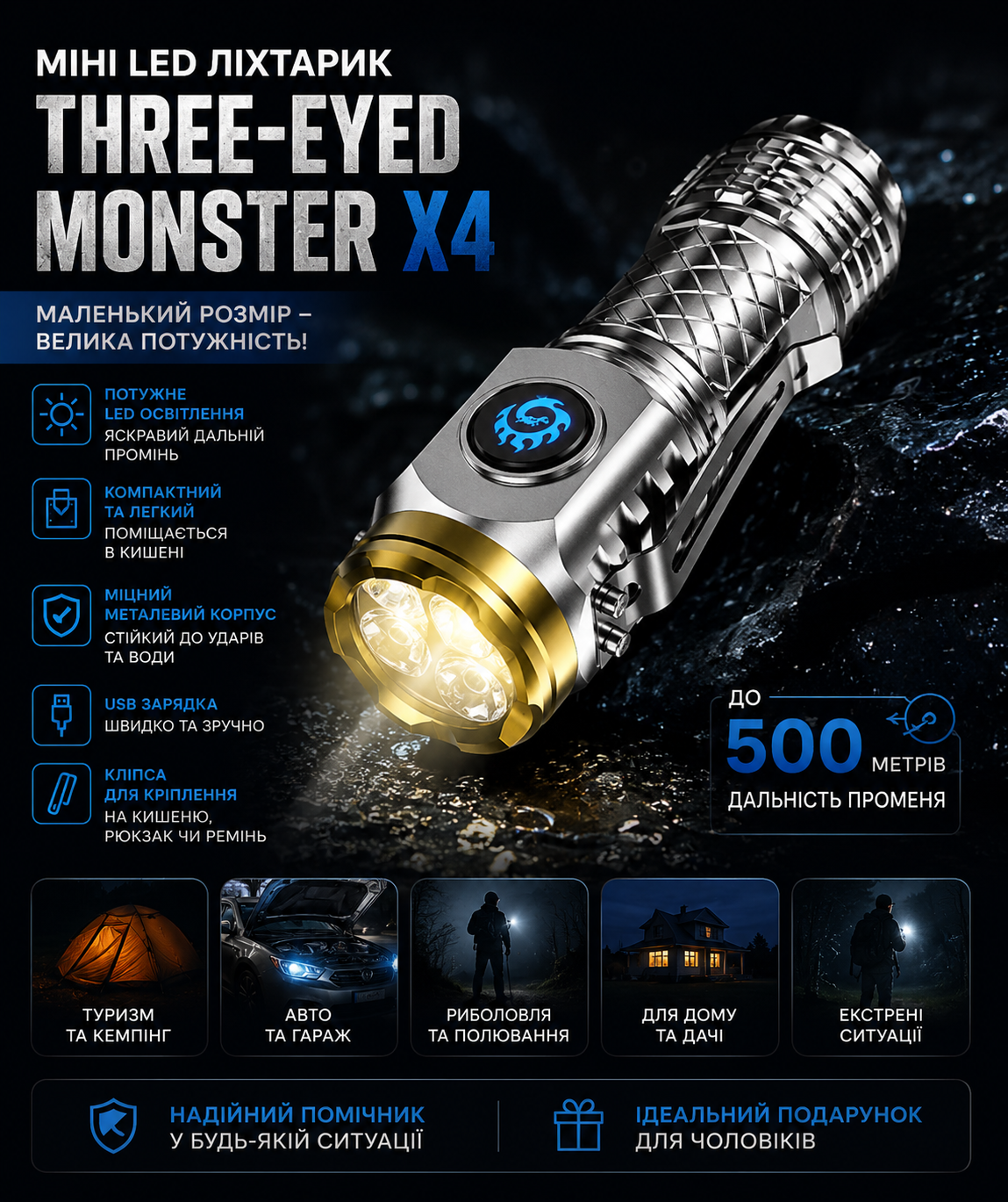 Міні LED ліхтарик Three-Eyed Monster X4