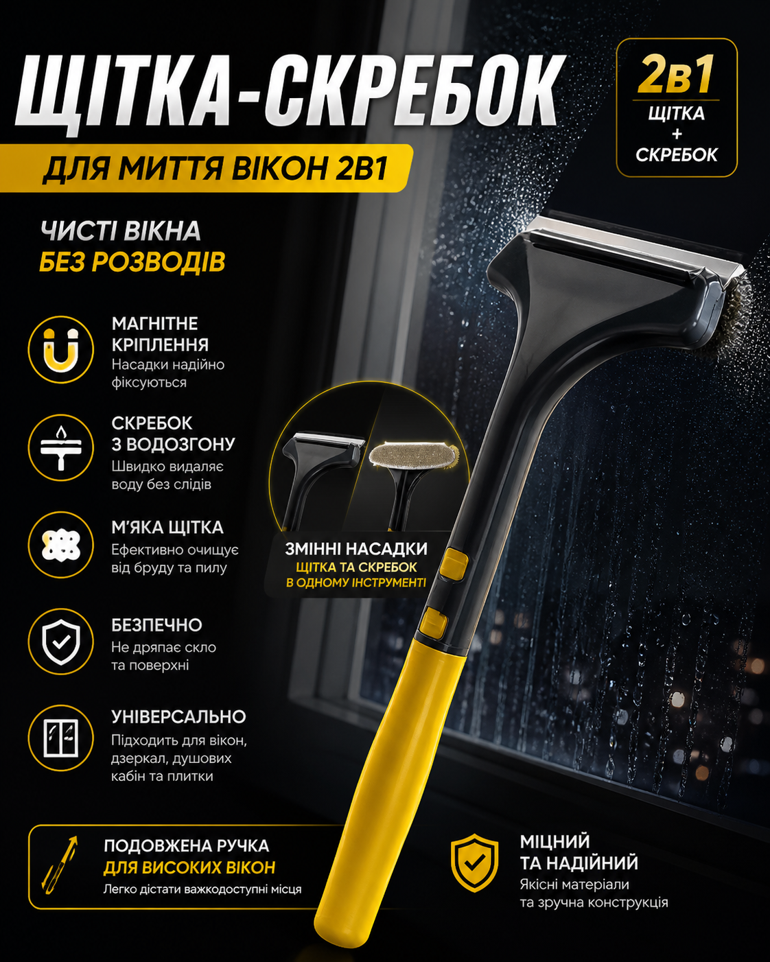 Магнітна щітка-скребок для миття вікон 2в1 з телескопічною ручкою