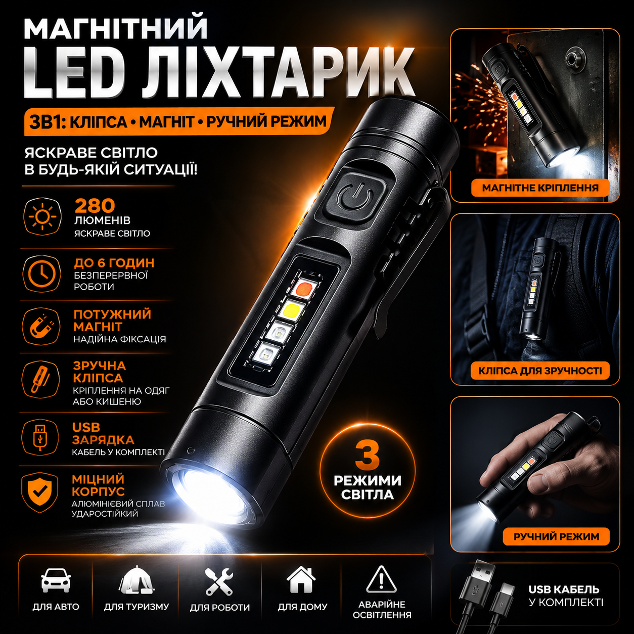 Магнітний LED ліхтарик 3в1 з кліпсою та USB зарядкою 