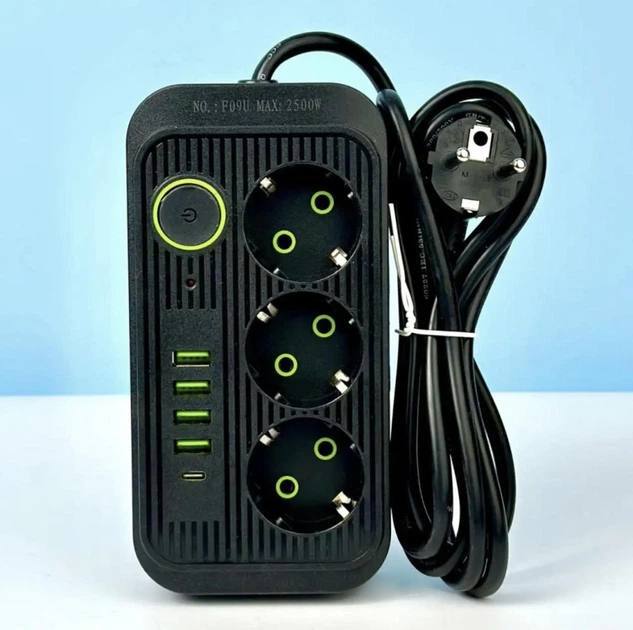 Багатофункціональний подовжувач з 3 розетками, 4 USB та Type-C