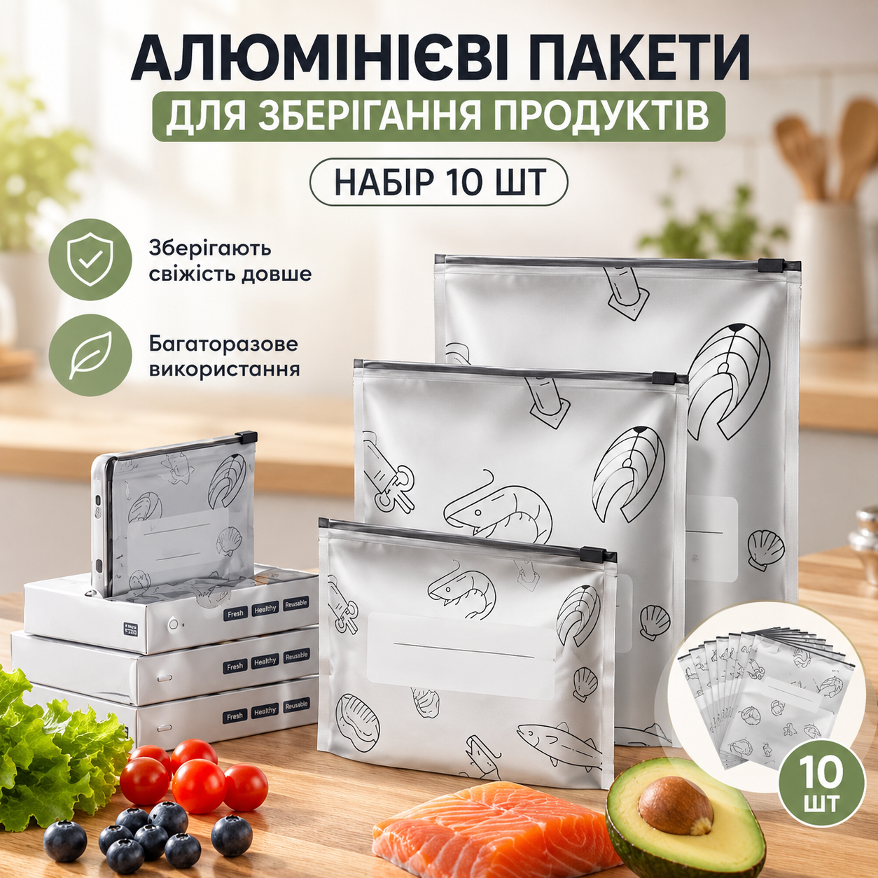 Багаторазові фольговані пакети для зберігання продуктів
