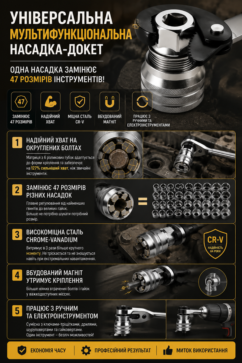 Універсальна насадка, що замінює цілий набір ключів