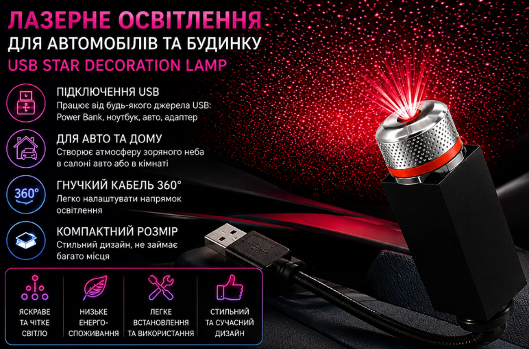 Компактна USB-лампа з лазерною проєкцією