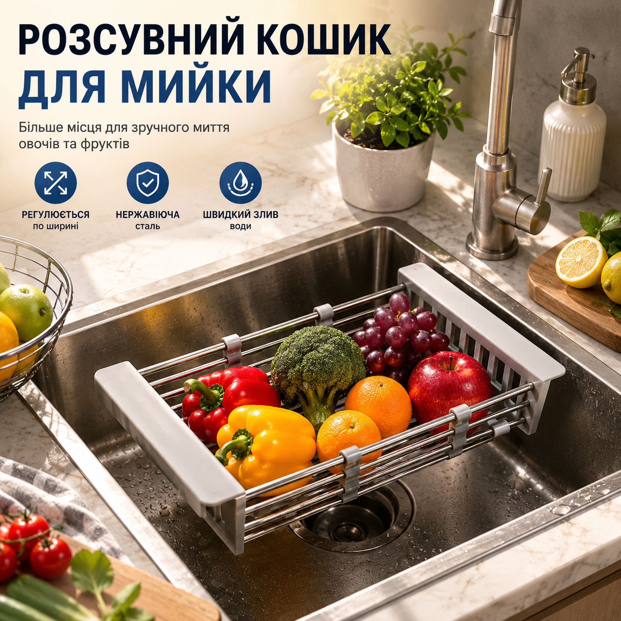 Регульована полиця-сушарка для мийки