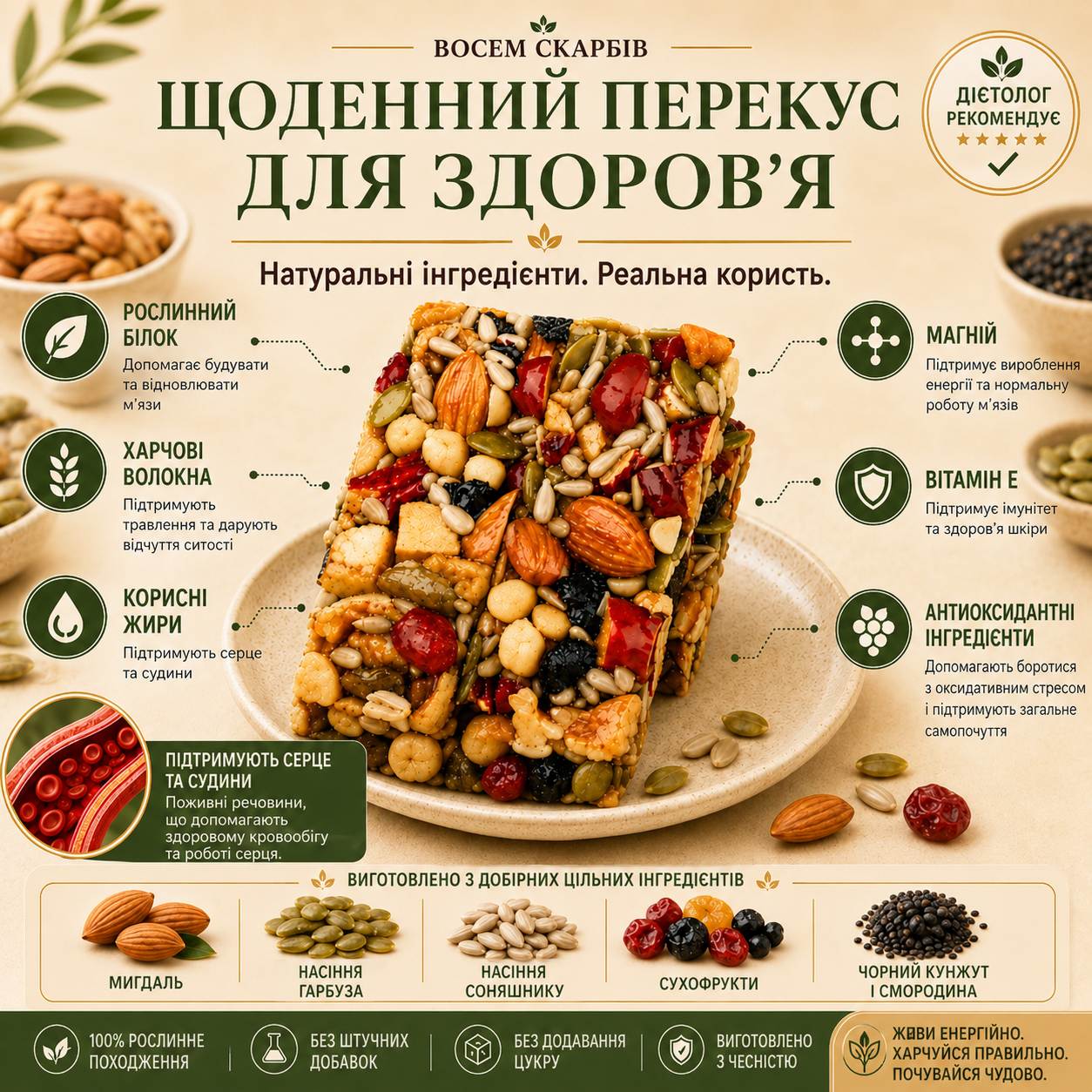 Поживні батончики з горіхами, насінням і сухофруктами