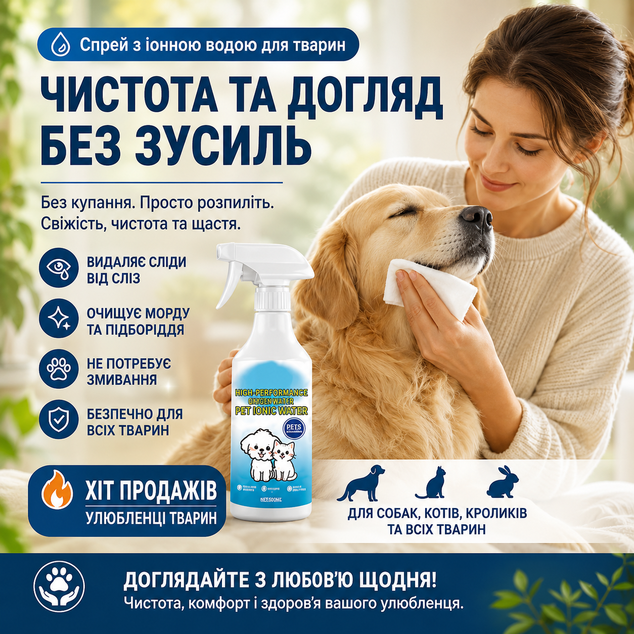 Іонізована вода-спрей для тварин — чиста шерсть без стресу для улюбленця